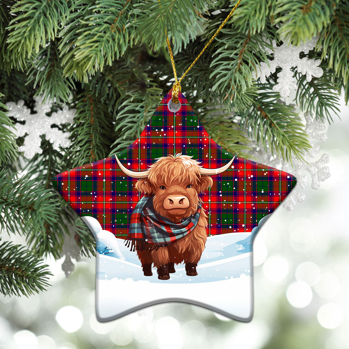 Belshes Tartan Christmas Ceramic Ornament - Highland Cows Snow Style