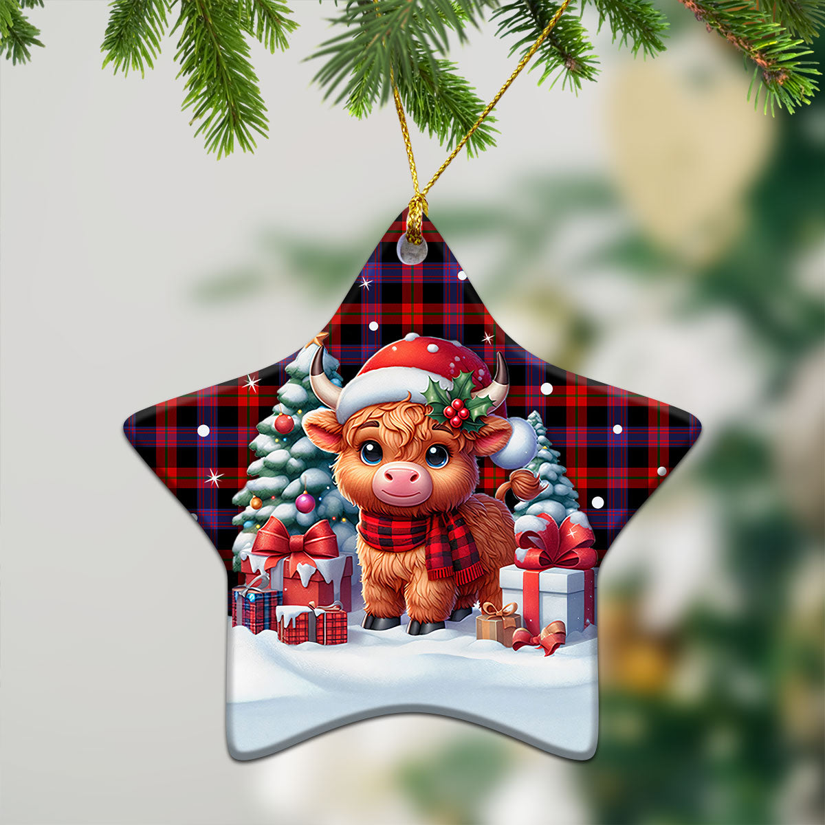 Broun Modern Tartan Christmas Ceramic Ornament - Highland Cow Winter Style