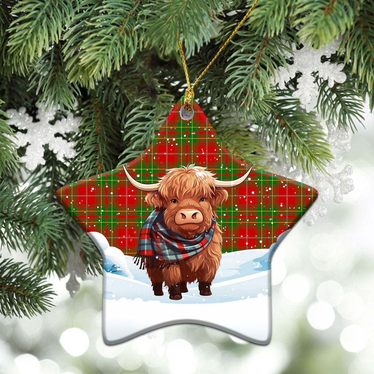 Burnett Ancient Tartan Christmas Ceramic Ornament - Highland Cows Snow Style