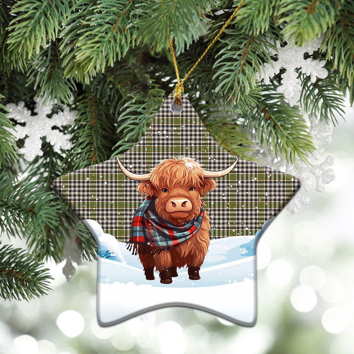 Burns Check Tartan Christmas Ceramic Ornament - Highland Cows Snow Style