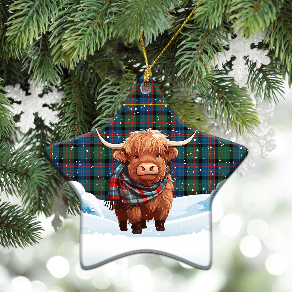 Cameron of Erracht Ancient Tartan Christmas Ceramic Ornament - Highland Cows Snow Style