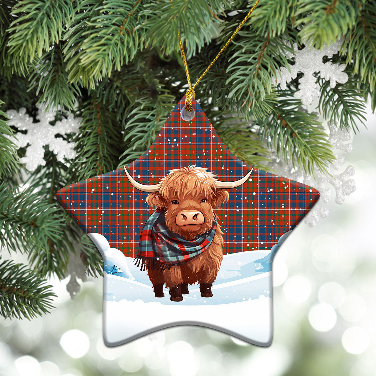 Cameron of Lochiel Ancient Tartan Christmas Ceramic Ornament - Highland Cows Snow Style