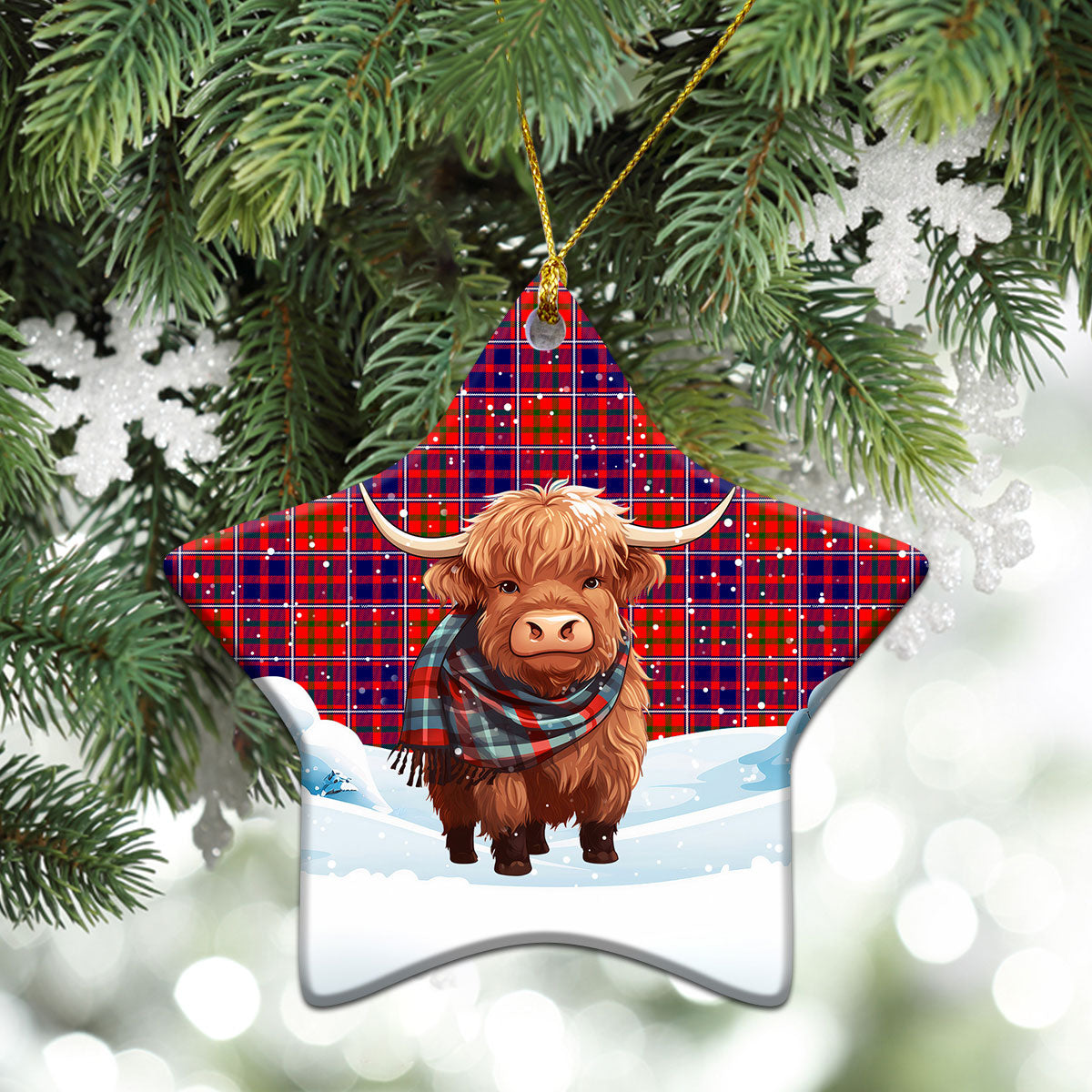 Cameron of Lochiel Modern Tartan Christmas Ceramic Ornament - Highland Cows Snow Style