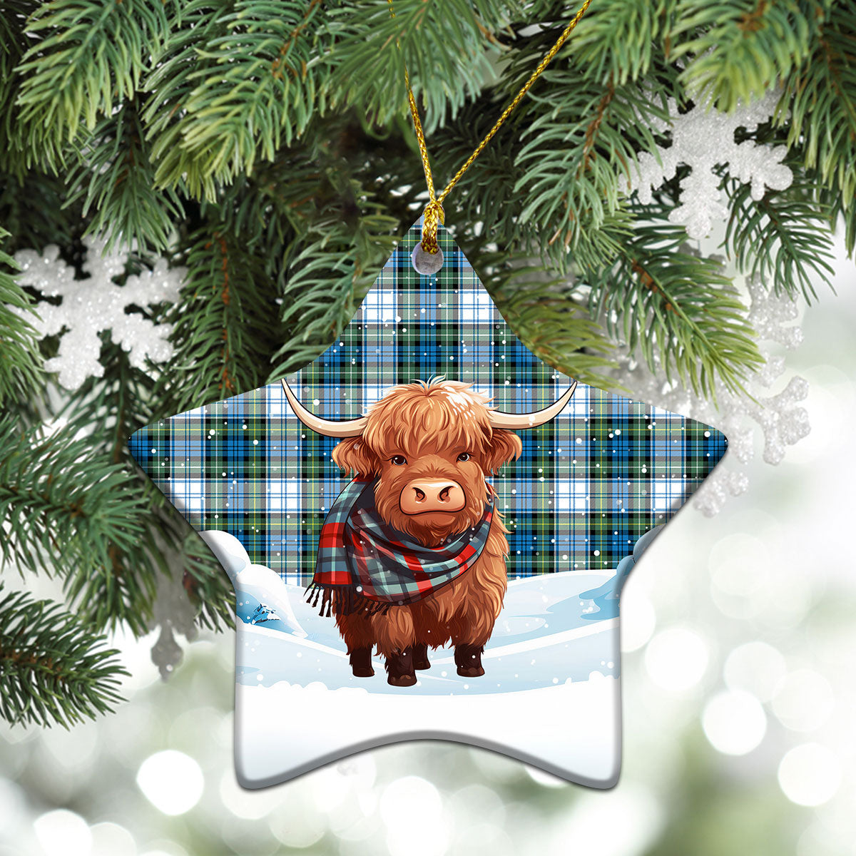 Campbell Dress Ancient Tartan Christmas Ceramic Ornament - Highland Cows Snow Style