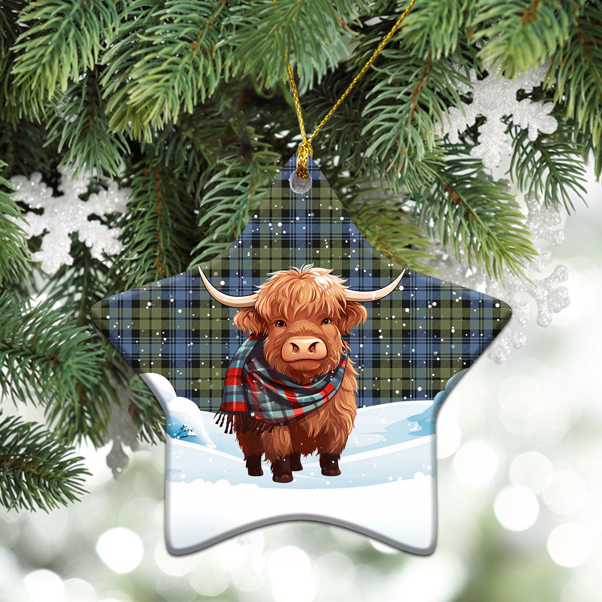 Campbell Faded Tartan Christmas Ceramic Ornament - Highland Cows Snow Style