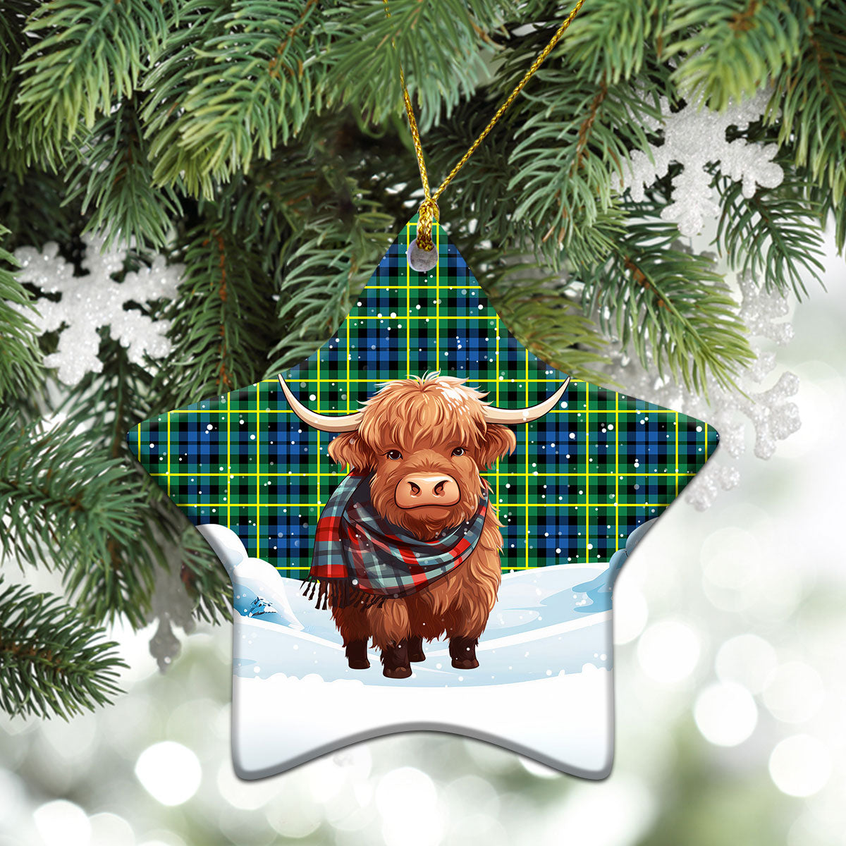 Campbell of Breadalbane Ancient Tartan Christmas Ceramic Ornament - Highland Cows Snow Style