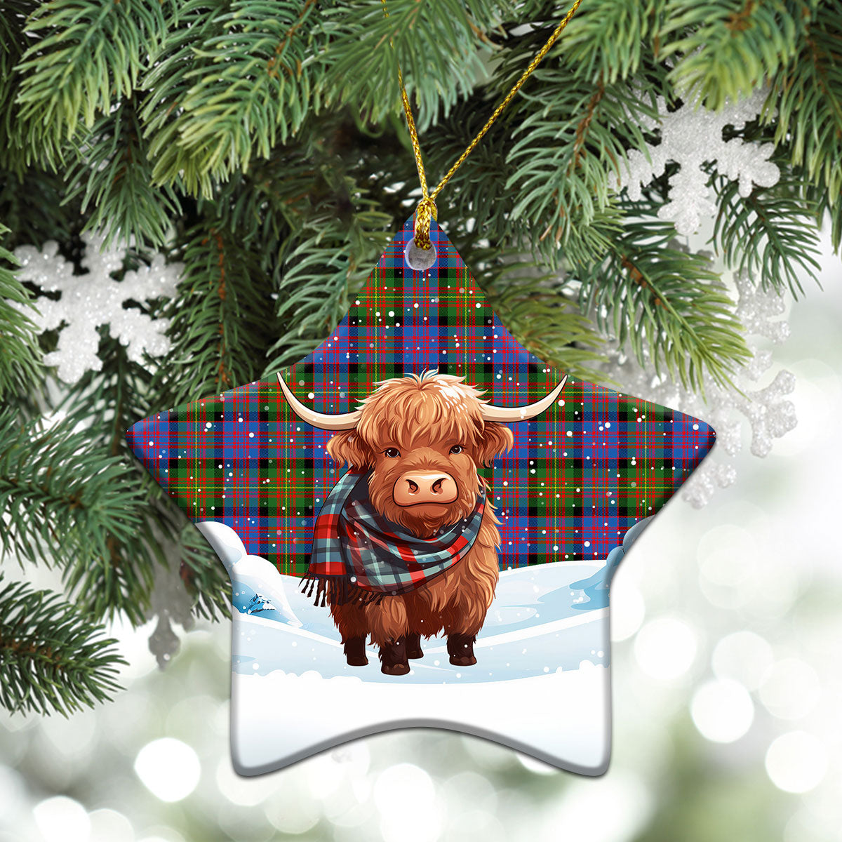 Carnegie Ancient Tartan Christmas Ceramic Ornament - Highland Cows Snow Style