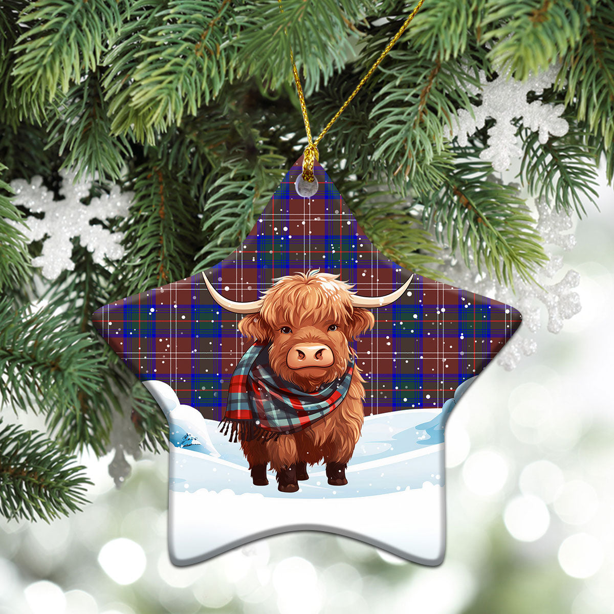 Chisholm Hunting Modern Tartan Christmas Ceramic Ornament - Highland Cows Snow Style