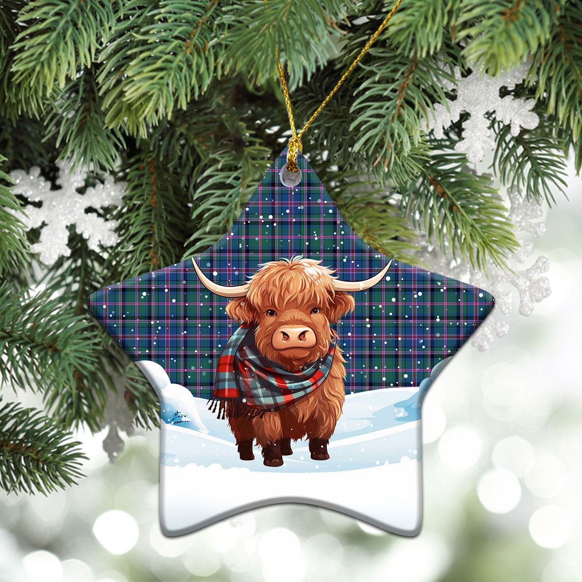 Cooper Ancient Tartan Christmas Ceramic Ornament - Highland Cows Snow Style