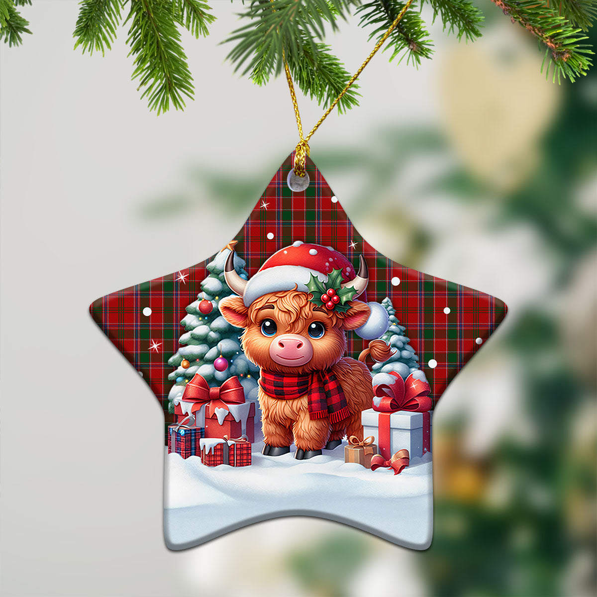 Dalzell Tartan Christmas Ceramic Ornament - Highland Cow Winter Style