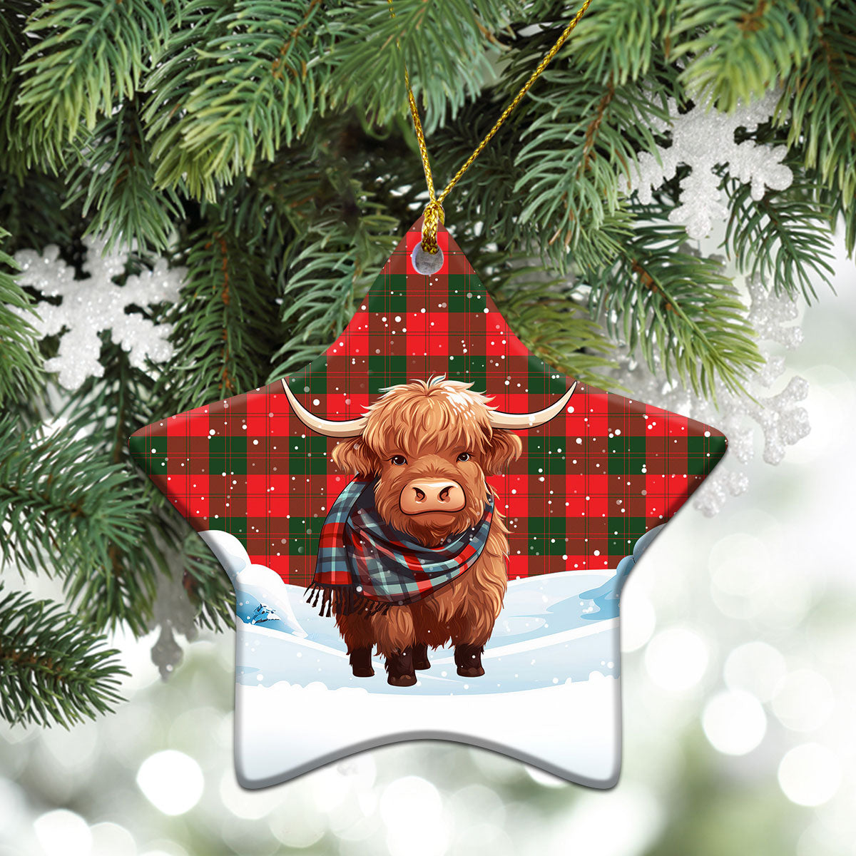 Erskine Modern Tartan Christmas Ceramic Ornament - Highland Cows Snow Style