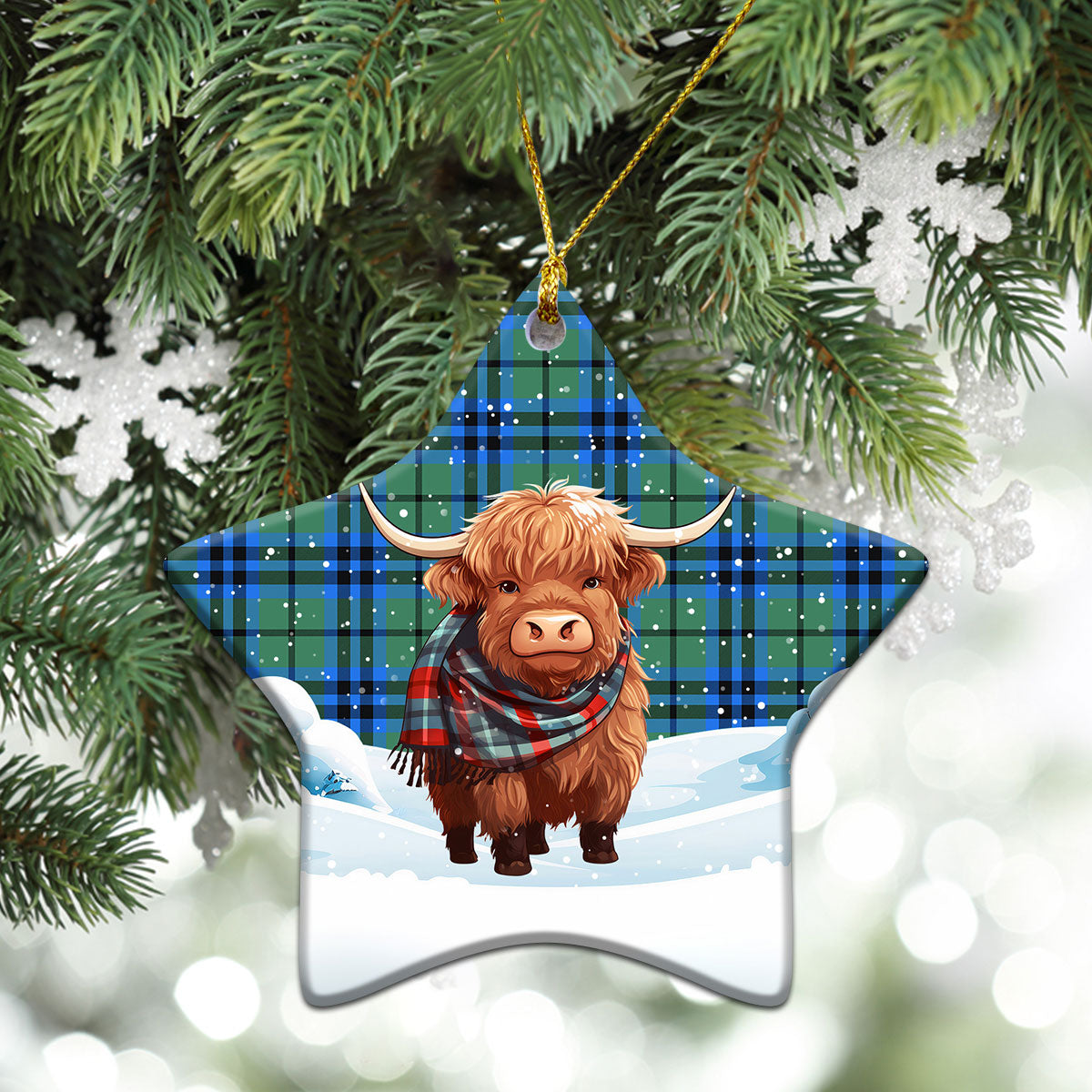 Falconer Tartan Christmas Ceramic Ornament - Highland Cows Snow Style