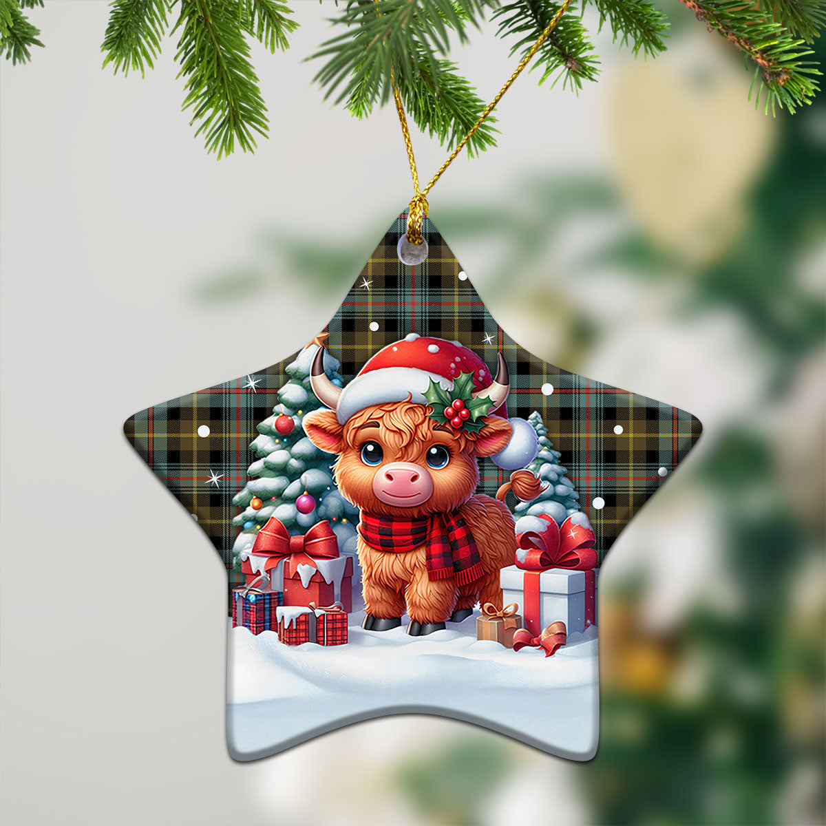 Farquharson Weathered Tartan Christmas Ceramic Ornament - Highland Cow Winter Style