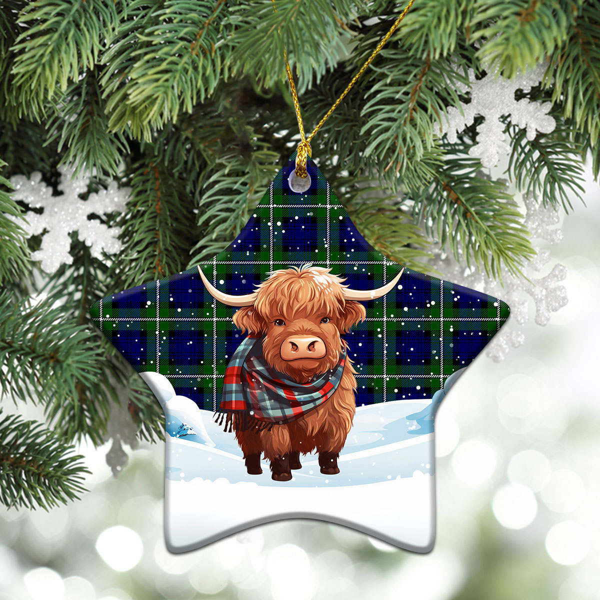 Forbes Modern Tartan Christmas Ceramic Ornament - Highland Cows Snow Style