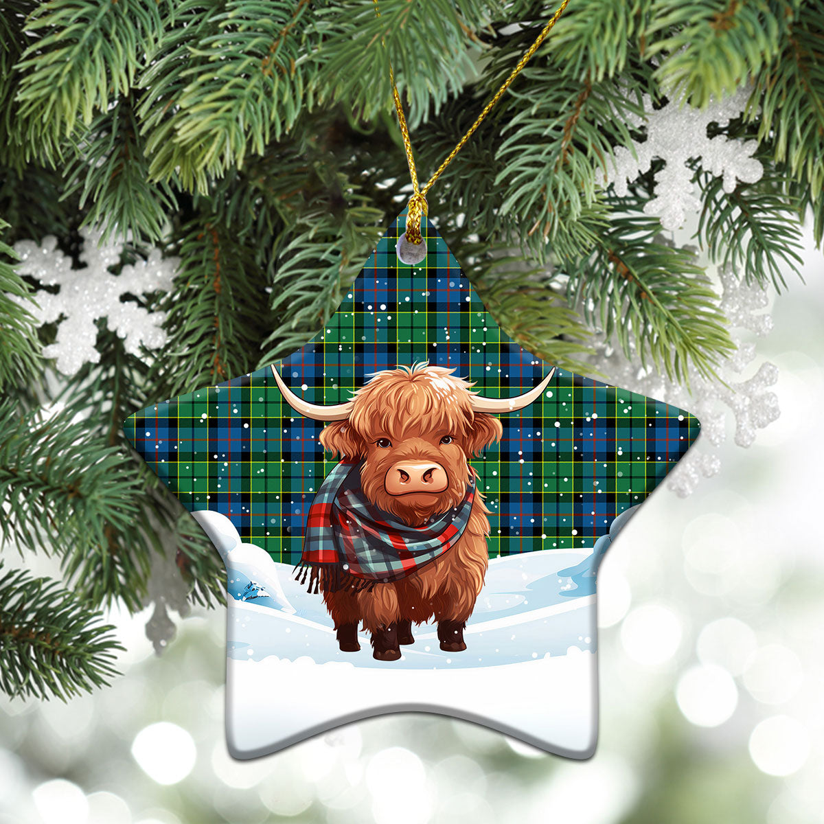 Forsyth Ancient Tartan Christmas Ceramic Ornament - Highland Cows Snow Style