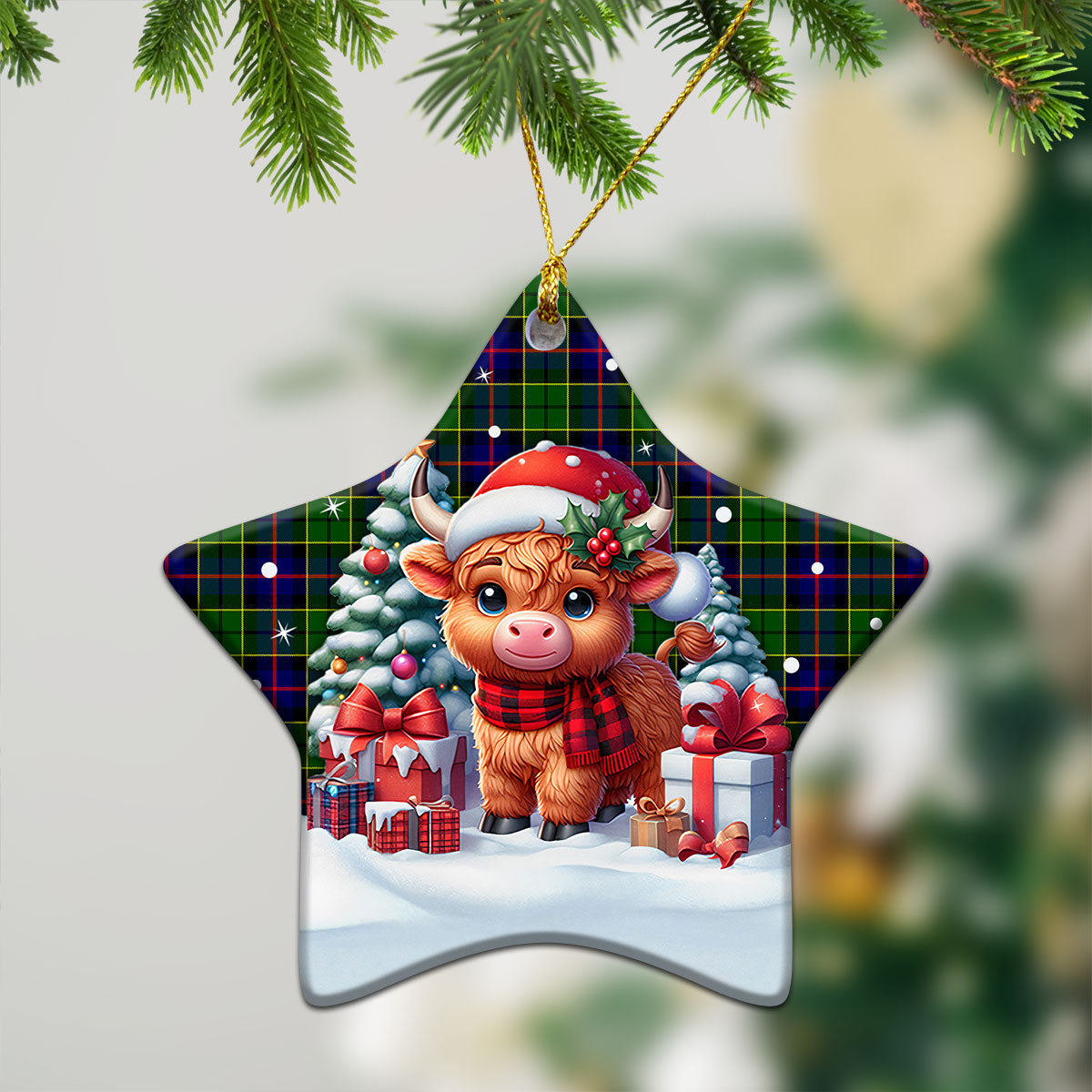 Forsyth Modern Tartan Christmas Ceramic Ornament - Highland Cow Winter Style