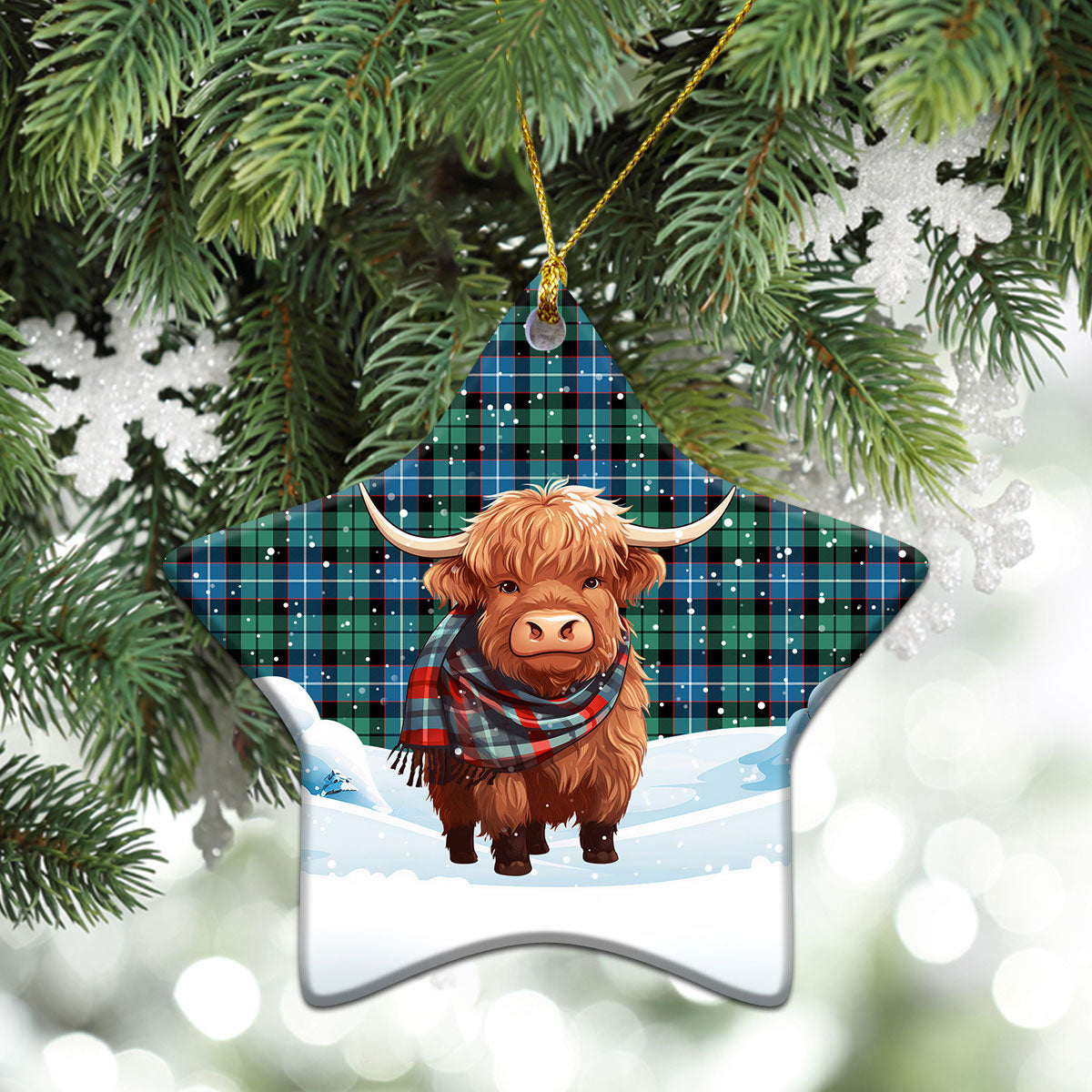 Galbraith Ancient Tartan Christmas Ceramic Ornament - Highland Cows Snow Style