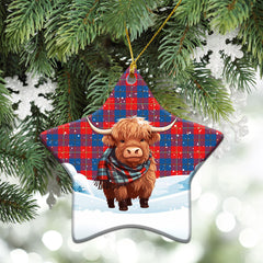 Galloway Red Tartan Christmas Ceramic Ornament - Highland Cows Snow Style