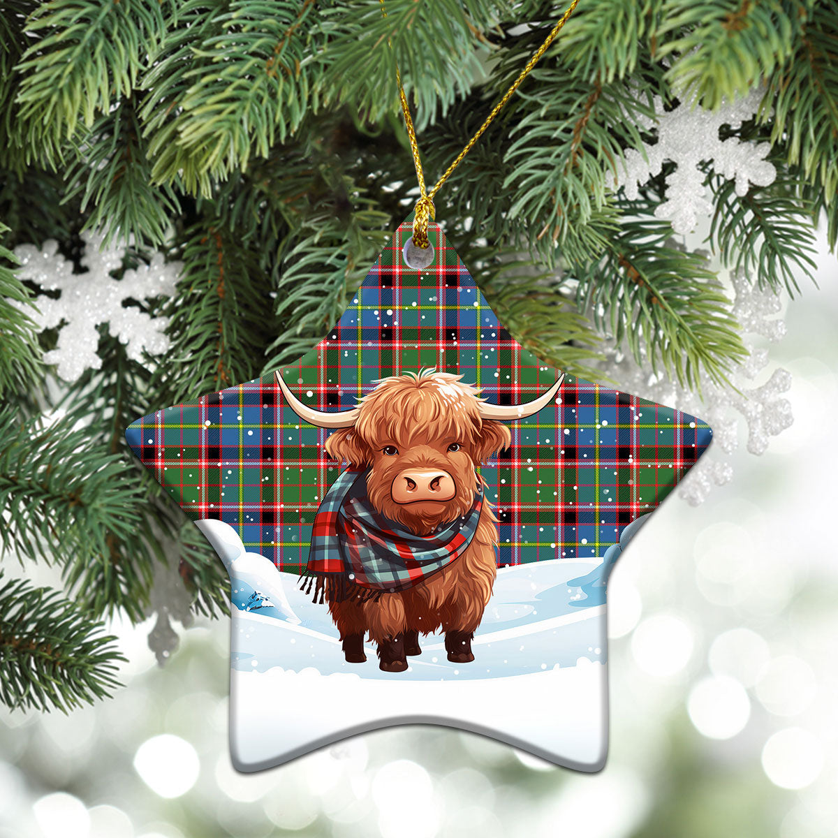 Glass Tartan Christmas Ceramic Ornament - Highland Cows Snow Style