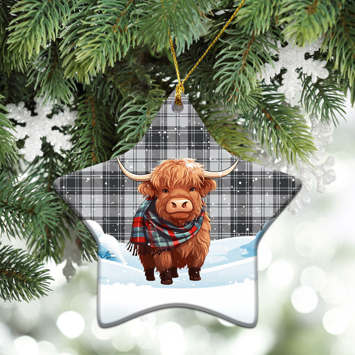 Glendinning Tartan Christmas Ceramic Ornament - Highland Cows Snow Style