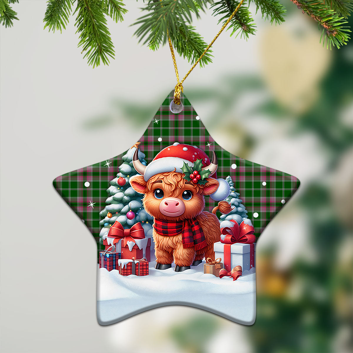 Gray Hunting Tartan Christmas Ceramic Ornament - Highland Cow Winter Style