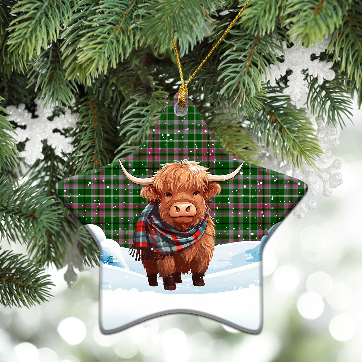 Gray Hunting Tartan Christmas Ceramic Ornament - Highland Cows Snow Style