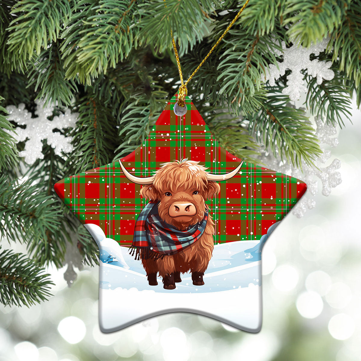 Grierson Tartan Christmas Ceramic Ornament - Highland Cows Snow Style