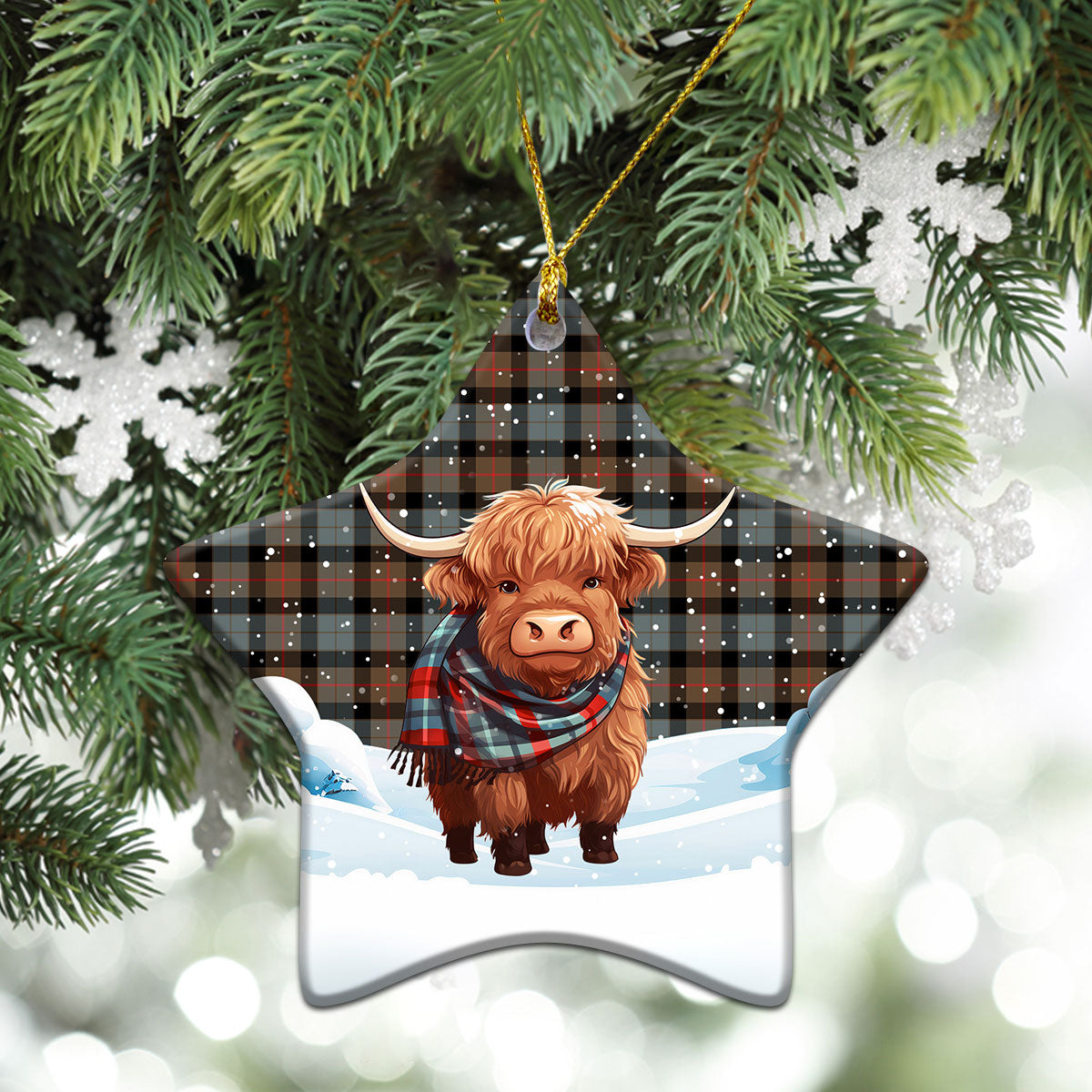 Gunn Weathered Tartan Christmas Ceramic Ornament - Highland Cows Snow Style