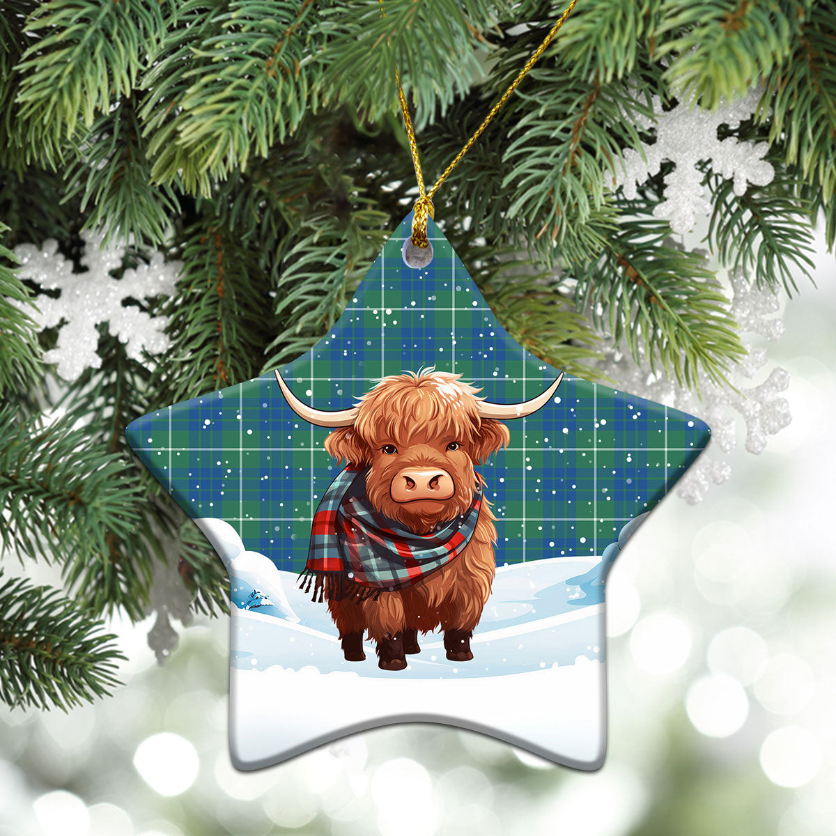 Hamilton Hunting Ancient Tartan Christmas Ceramic Ornament - Highland Cows Snow Style