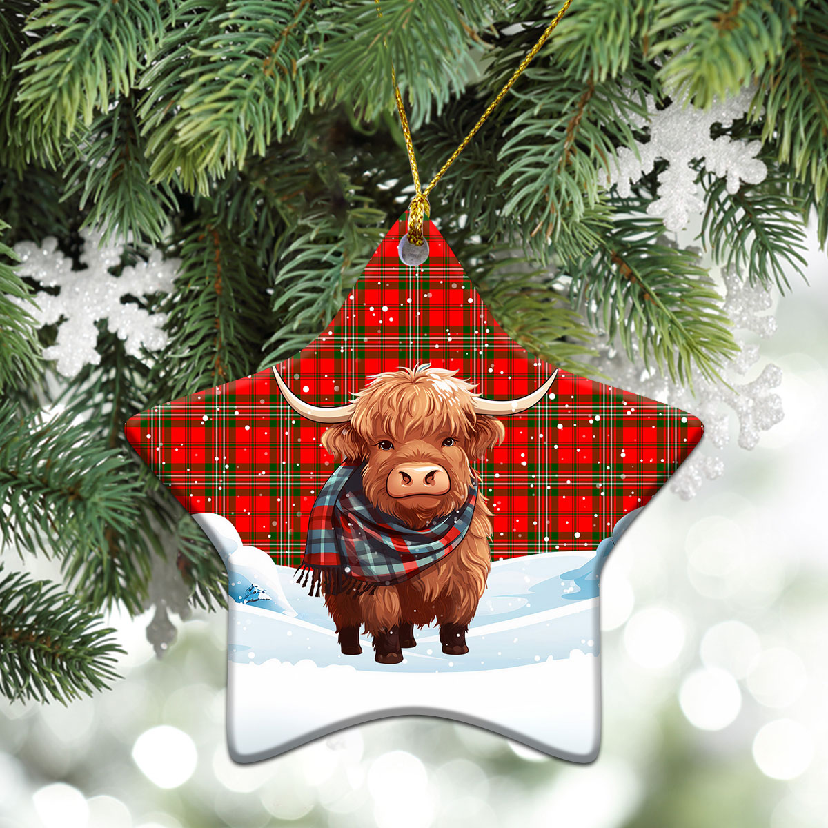 Langlands Tartan Christmas Ceramic Ornament - Highland Cows Snow Style