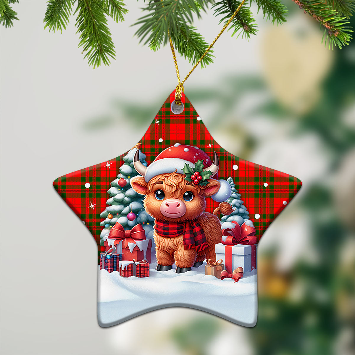 Livingstone Tartan Christmas Ceramic Ornament - Highland Cow Winter Style