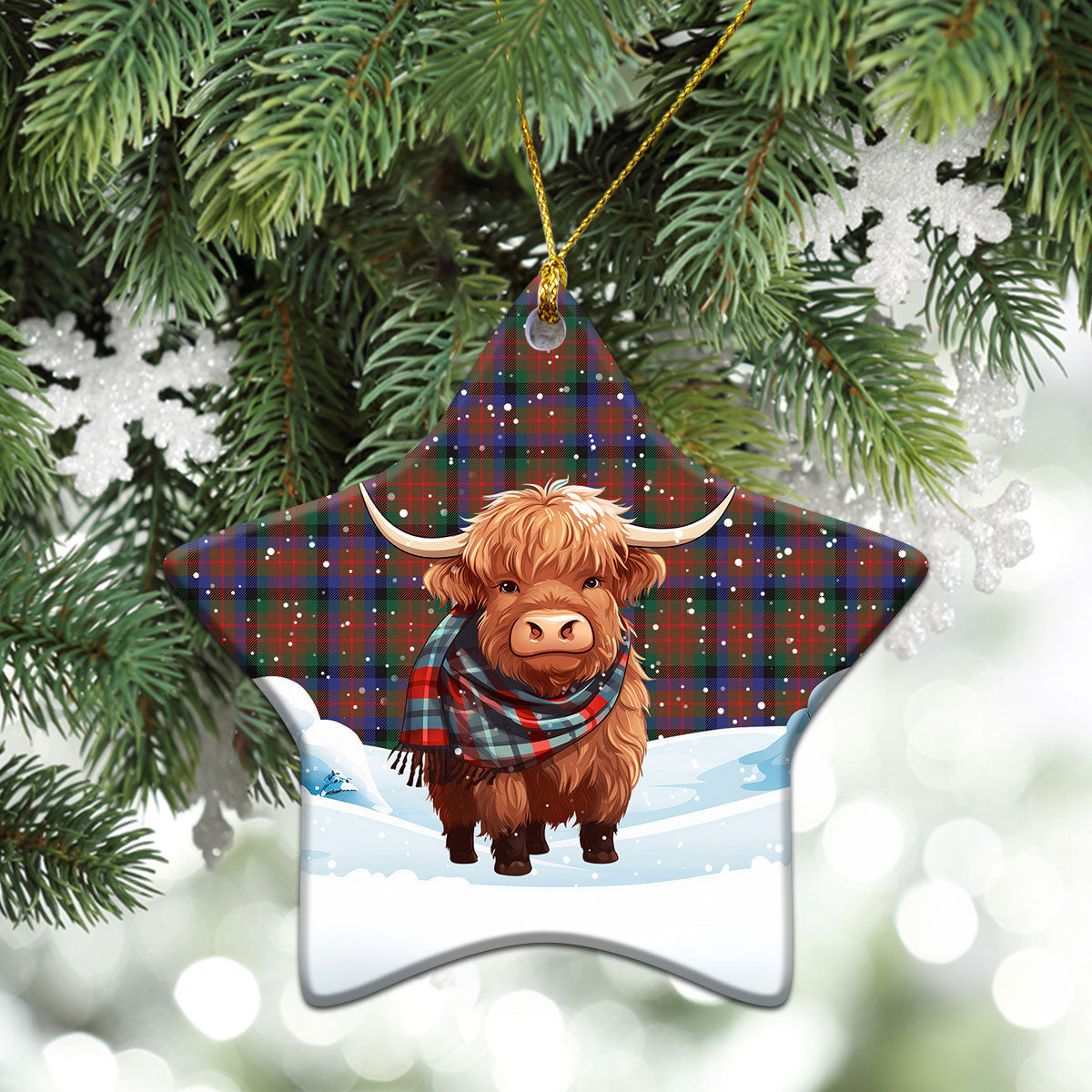 MacDuff Hunting Modern Tartan Christmas Ceramic Ornament - Highland Cows Snow Style