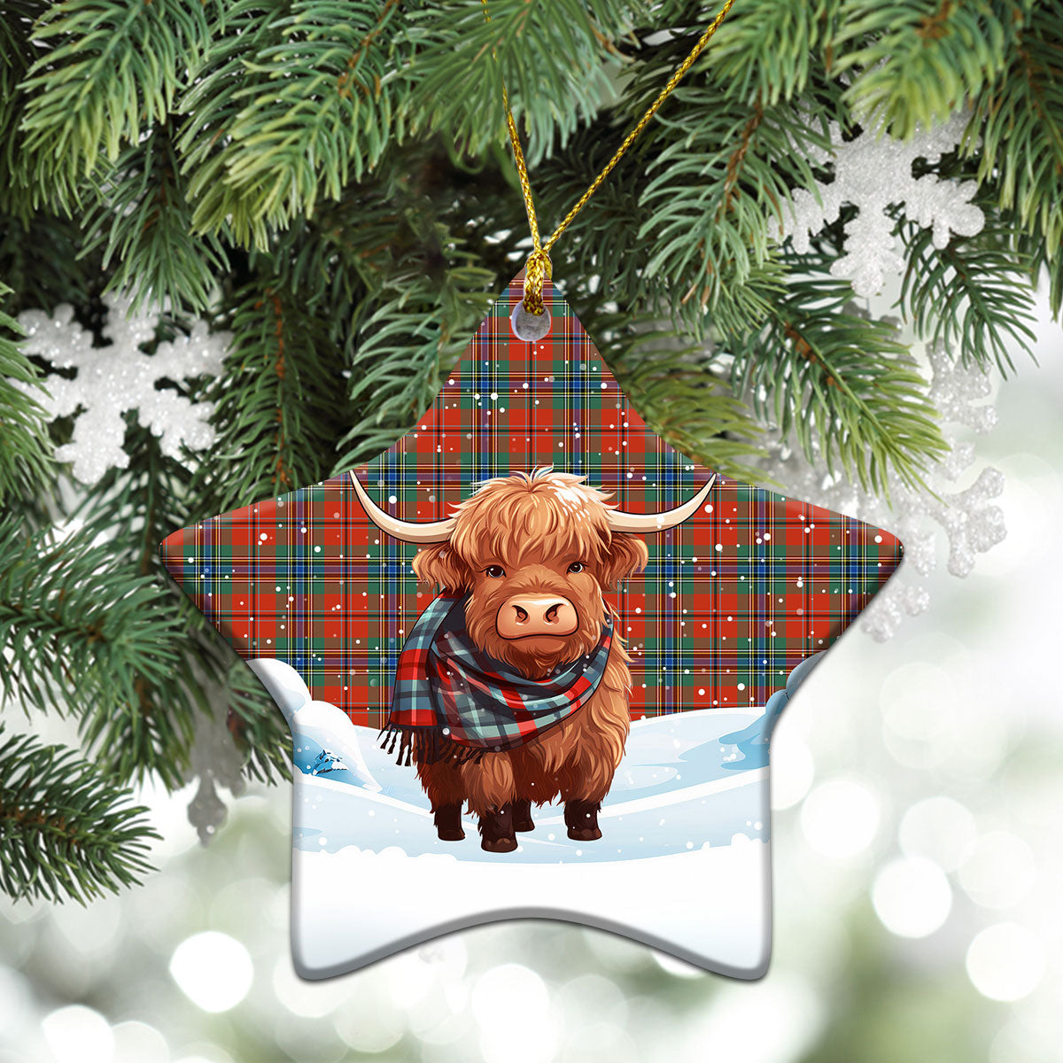 MacLean of Duart Ancient Tartan Christmas Ceramic Ornament - Highland Cows Snow Style