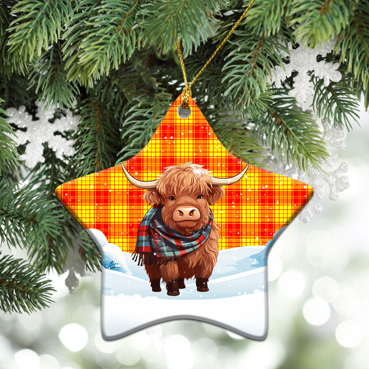 MacMillan Clan Tartan Christmas Ceramic Ornament - Highland Cows Snow Style