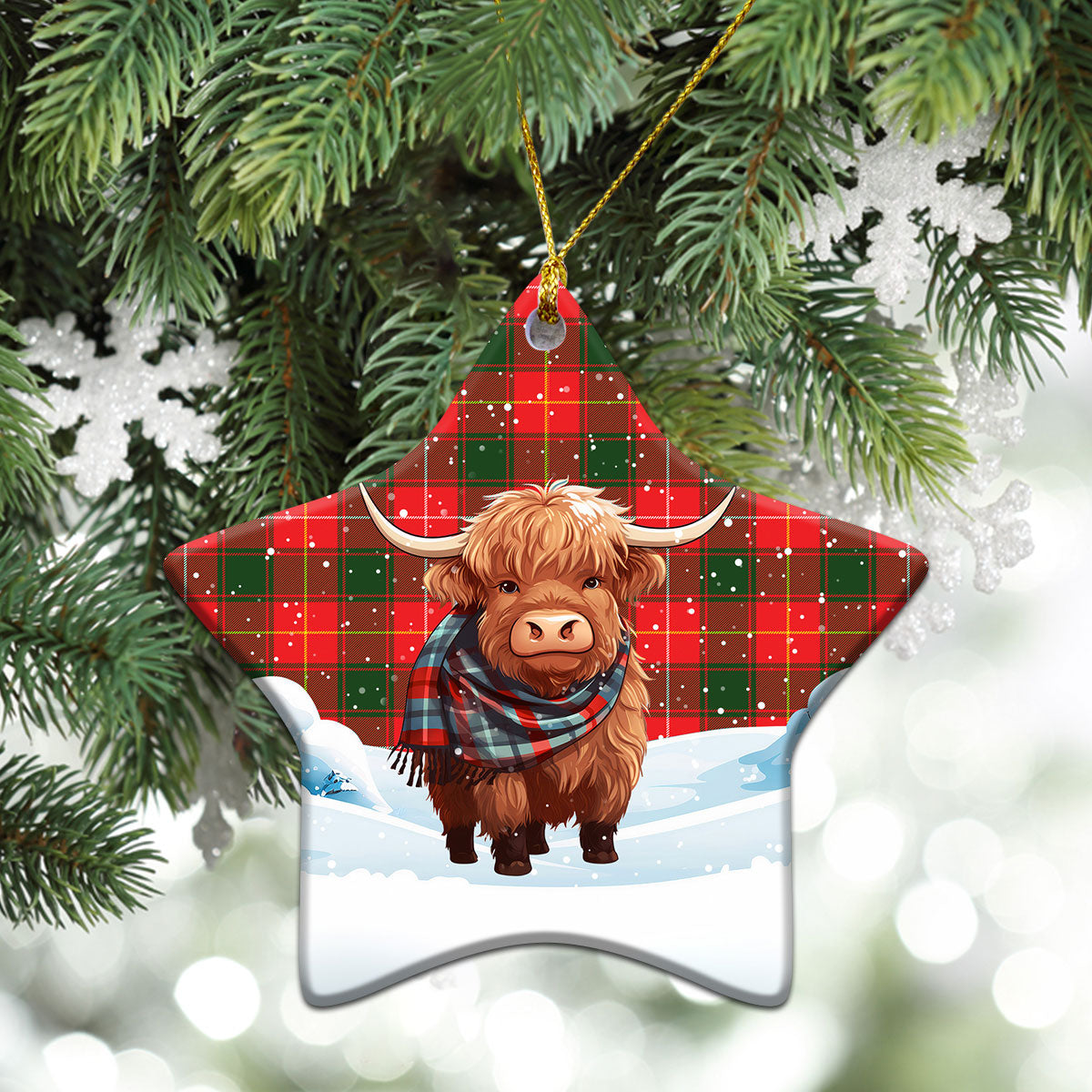 MacPhee Modern Tartan Christmas Ceramic Ornament - Highland Cows Snow Style