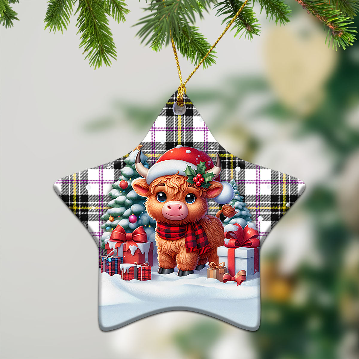 MacPherson Dress Modern Tartan Christmas Ceramic Ornament - Highland Cow Winter Style