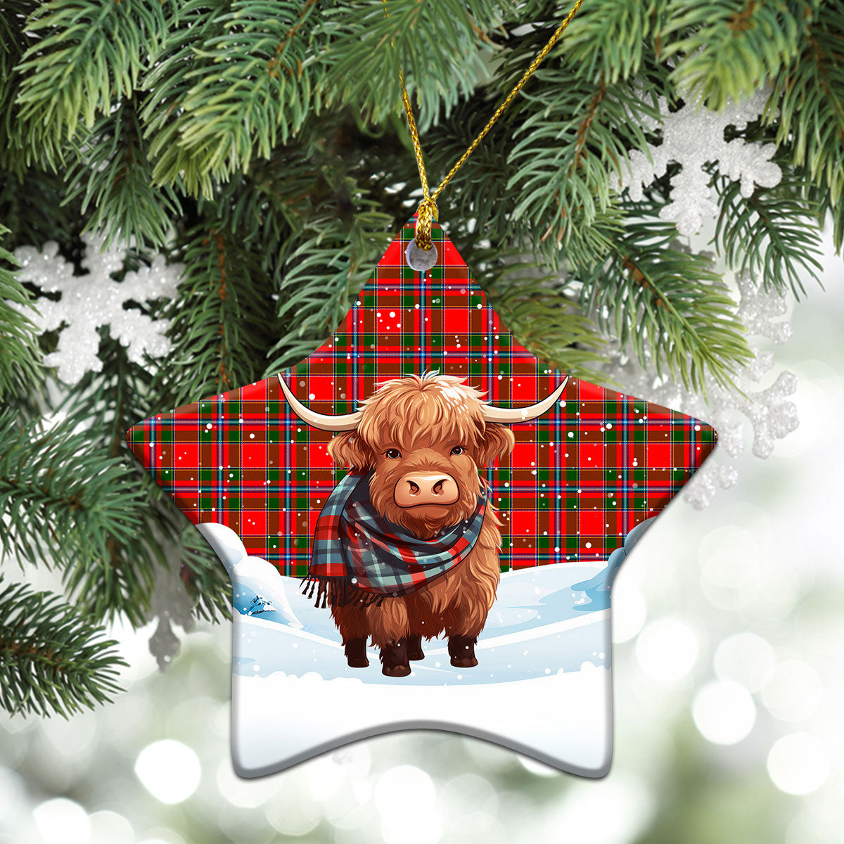 Maule Tartan Christmas Ceramic Ornament - Highland Cows Snow Style