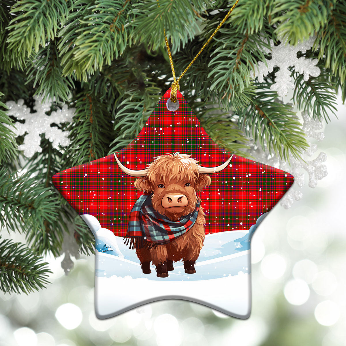 McDougall Modern Tartan Christmas Ceramic Ornament - Highland Cows Snow Style