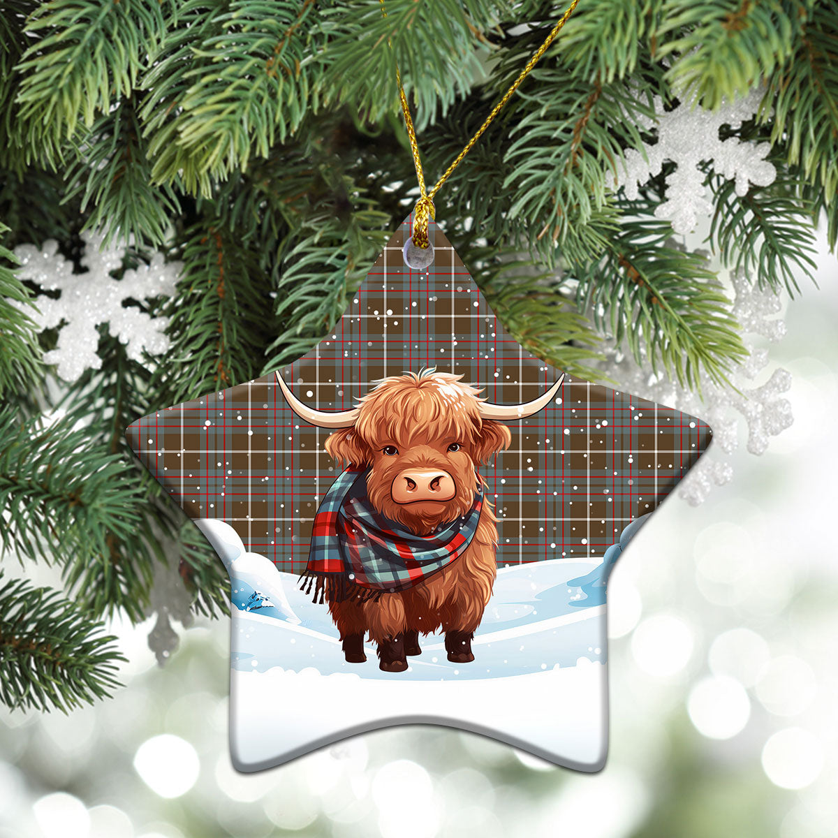 McIntyre Hunting Weathered Tartan Christmas Ceramic Ornament - Highland Cows Snow Style