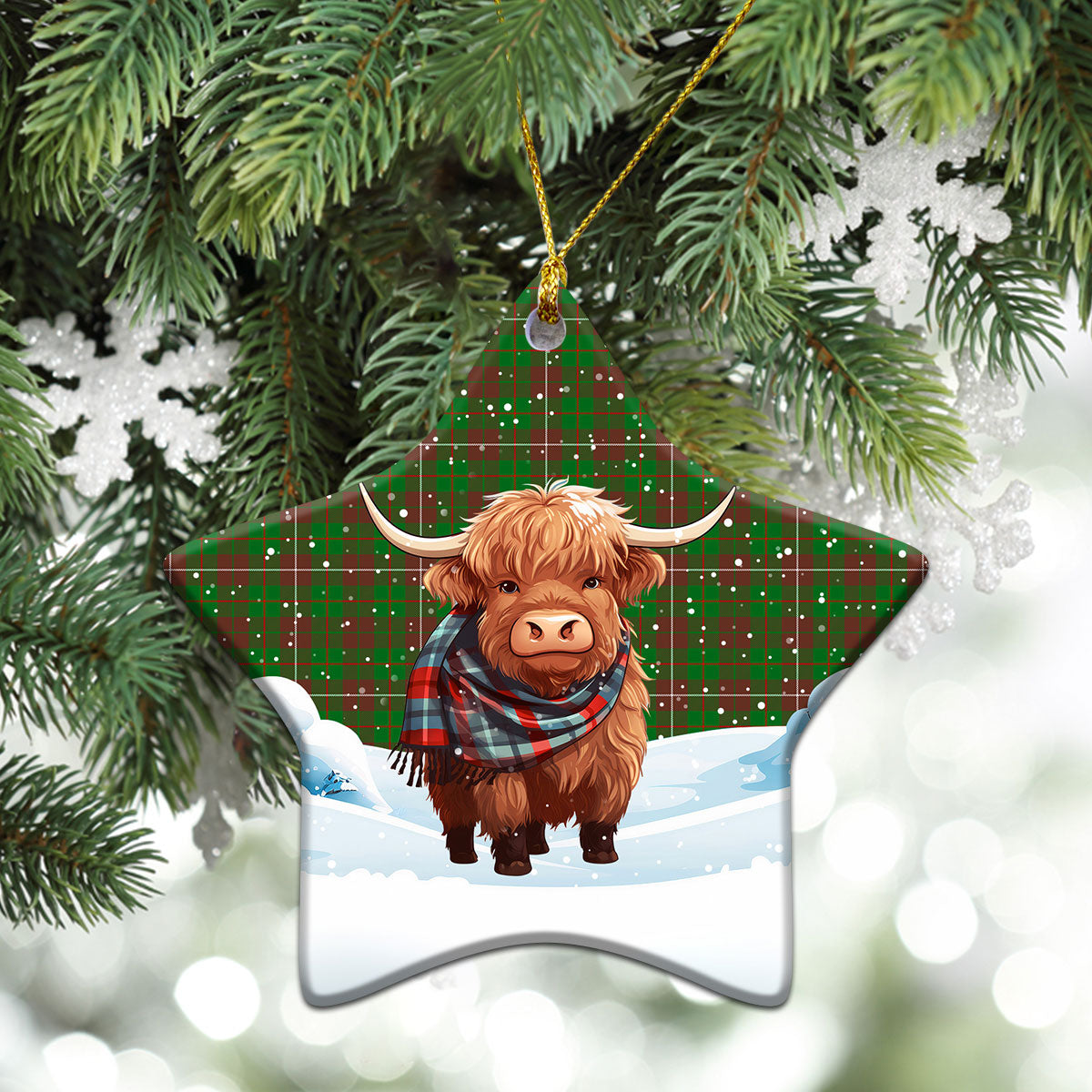 McKinnon Hunting Modern Tartan Christmas Ceramic Ornament - Highland Cows Snow Style