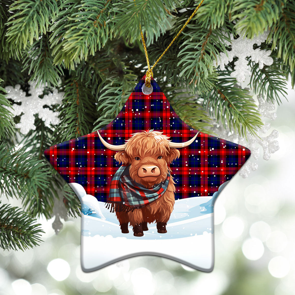 McLachlan Modern Tartan Christmas Ceramic Ornament - Highland Cows Snow Style