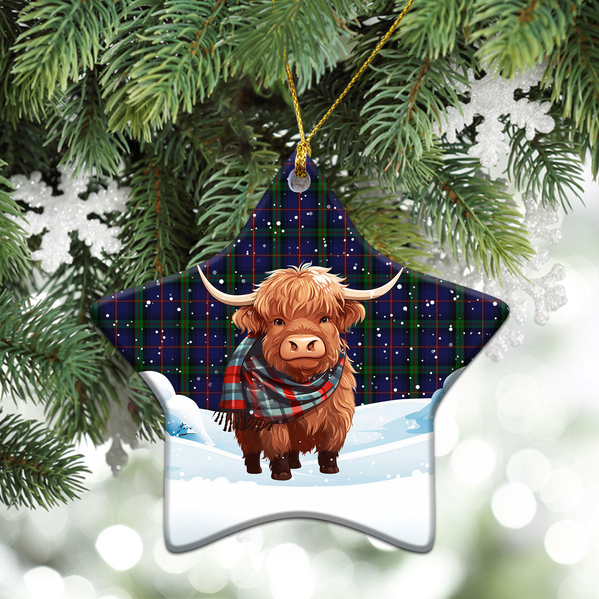 McLafferty Tartan Christmas Ceramic Ornament - Highland Cows Snow Style