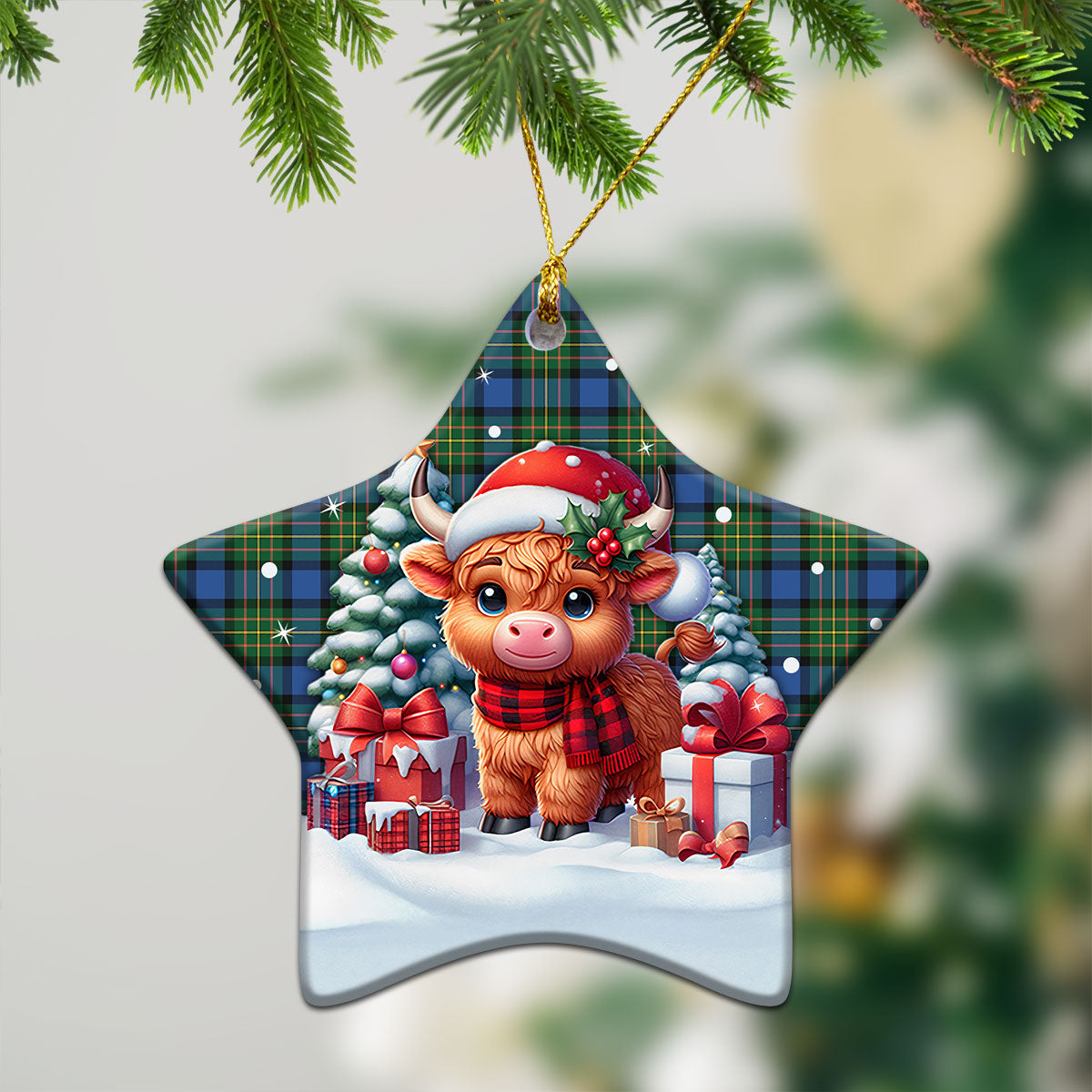 McLaren Ancient Tartan Christmas Ceramic Ornament - Highland Cow Winter Style