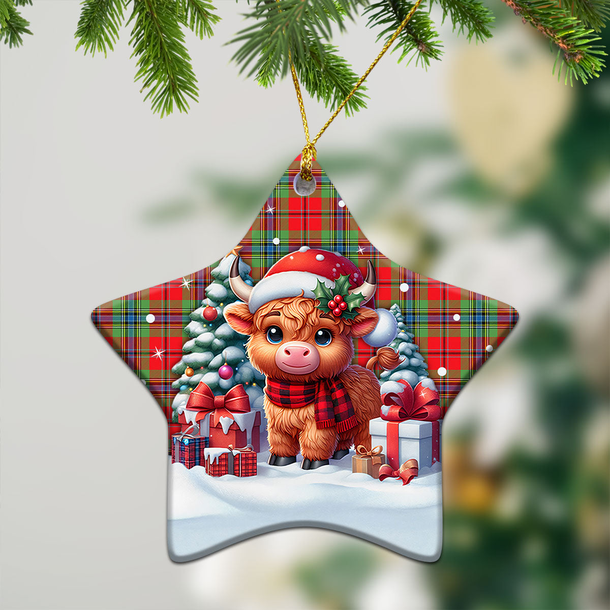 McLean of Duart Modern Tartan Christmas Ceramic Ornament - Highland Cow Winter Style