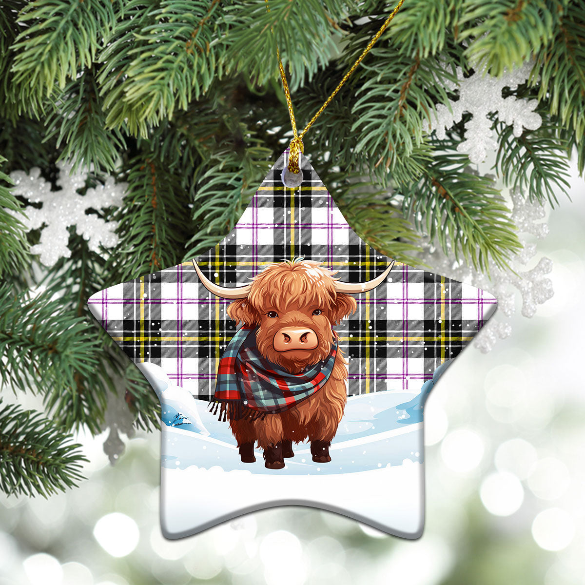 McPherson Dress Modern Tartan Christmas Ceramic Ornament - Highland Cows Snow Style