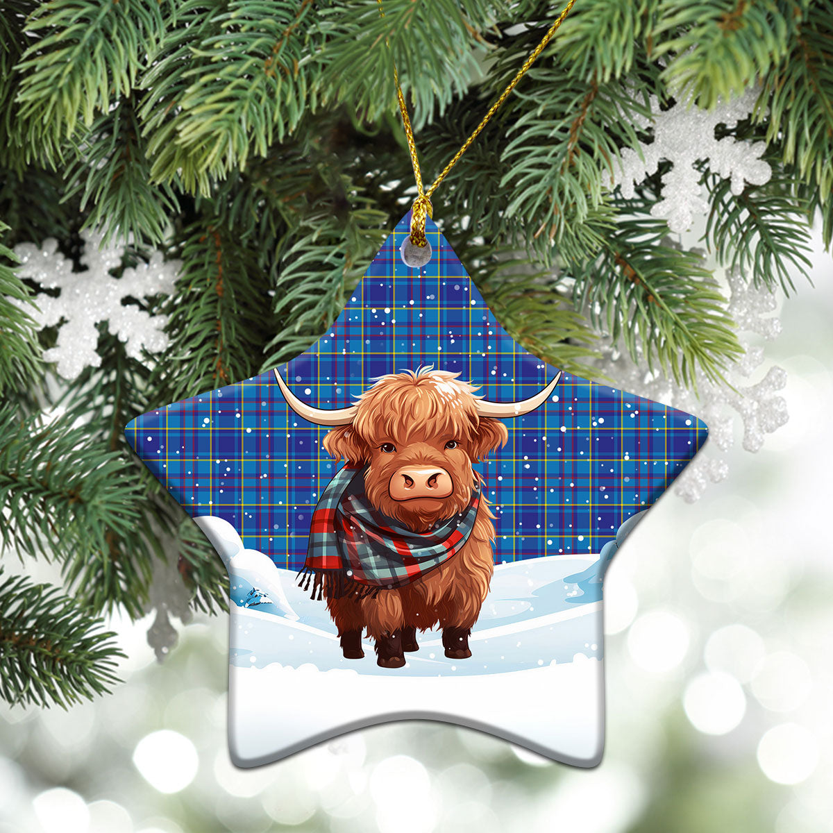 Mercer Modern Tartan Christmas Ceramic Ornament - Highland Cows Snow Style