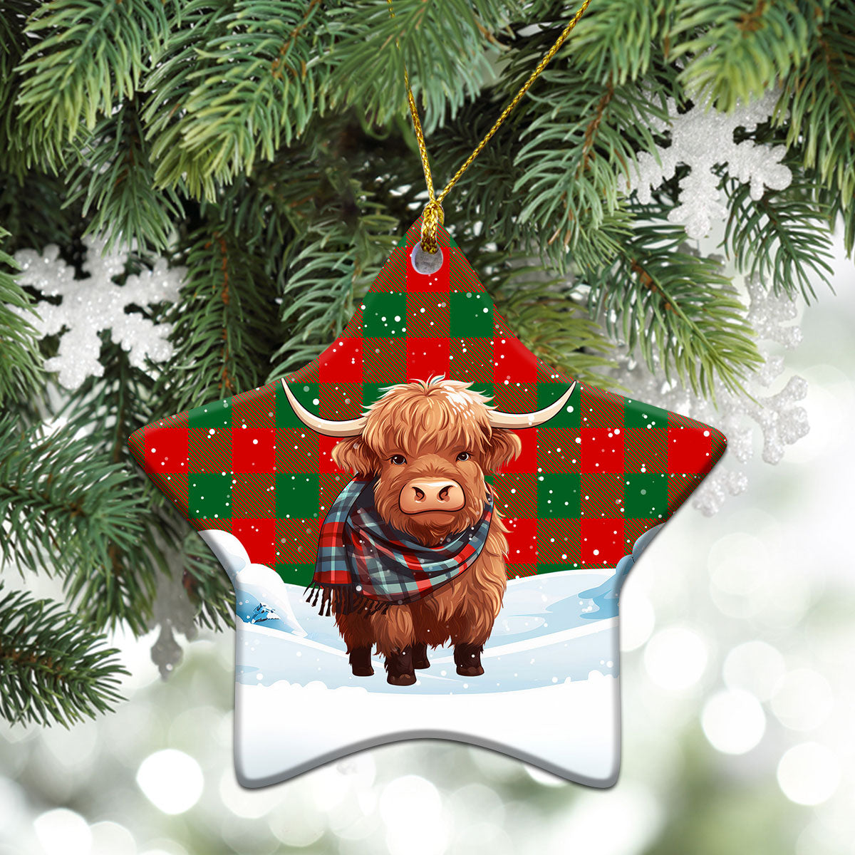 Moncreiffe (or Moncreiff) Tartan Christmas Ceramic Ornament - Highland Cows Snow Style