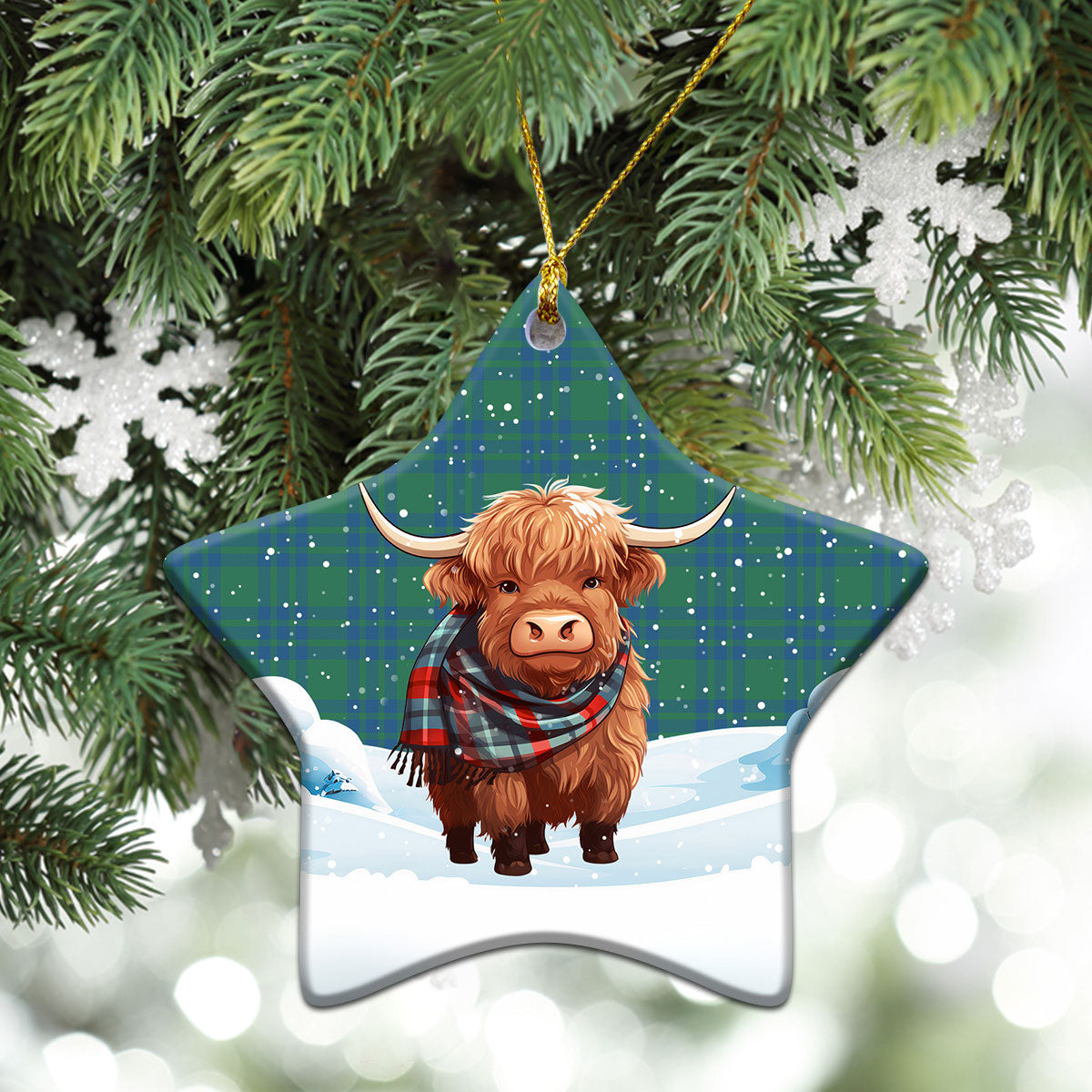 Montgomery Ancient Tartan Christmas Ceramic Ornament - Highland Cows Snow Style