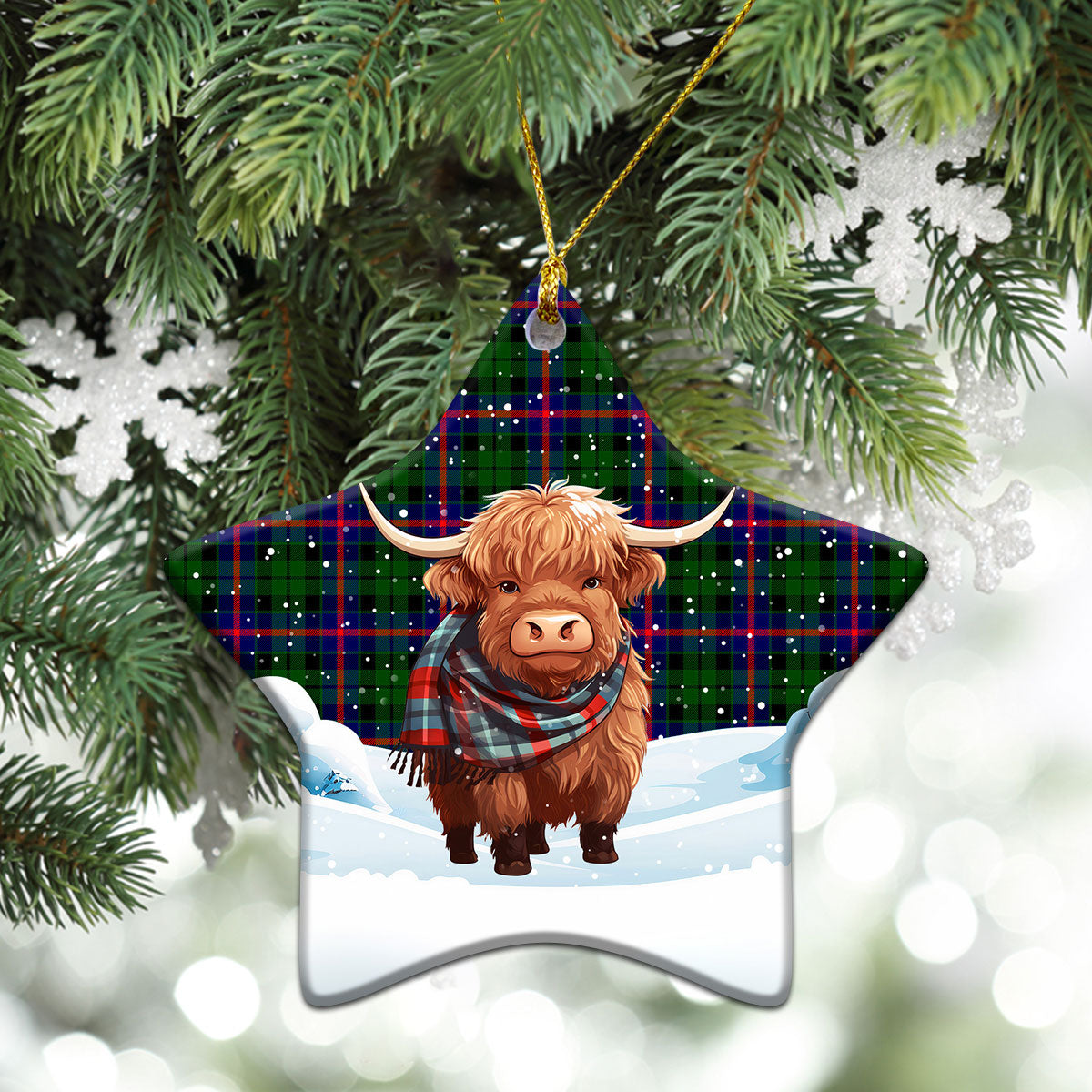 Morrison Modern Tartan Christmas Ceramic Ornament - Highland Cows Snow Style