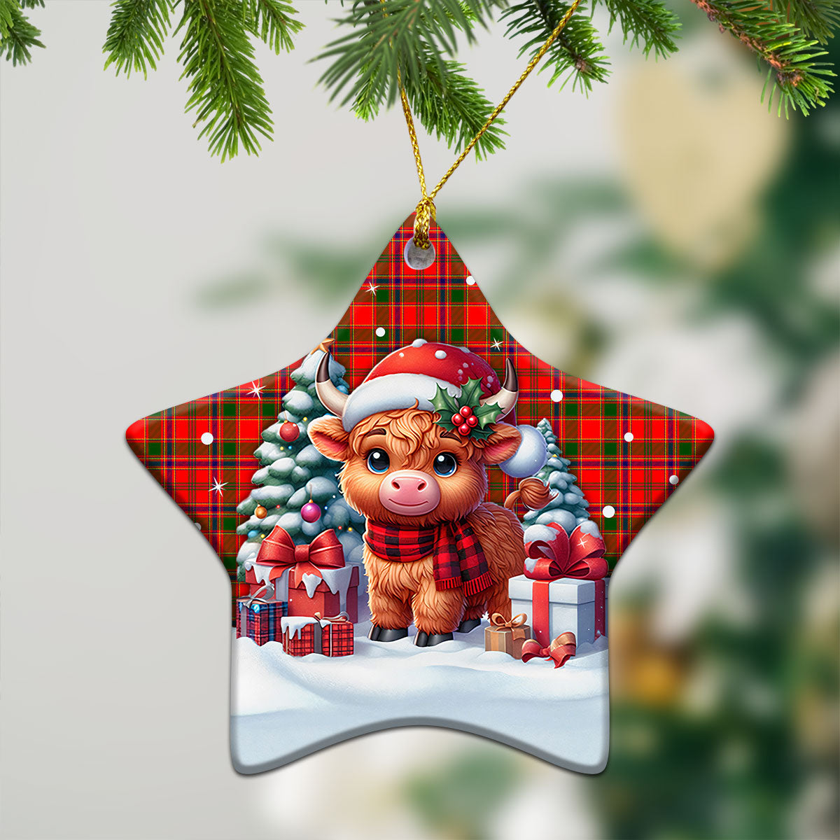 Munro Modern Tartan Christmas Ceramic Ornament - Highland Cow Winter Style